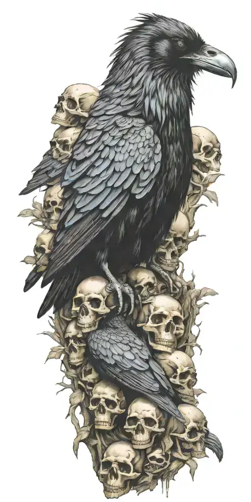 raven sitting on top a mound of skulls tattoo design idea