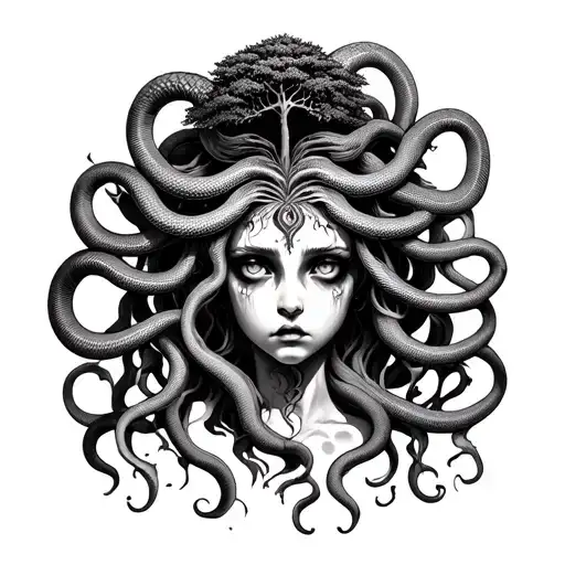 Sad medusa with semicolon iris, 9 snake heads 3 hissing and the other 6 calm with poison tree on her forehead  tattoo design idea
