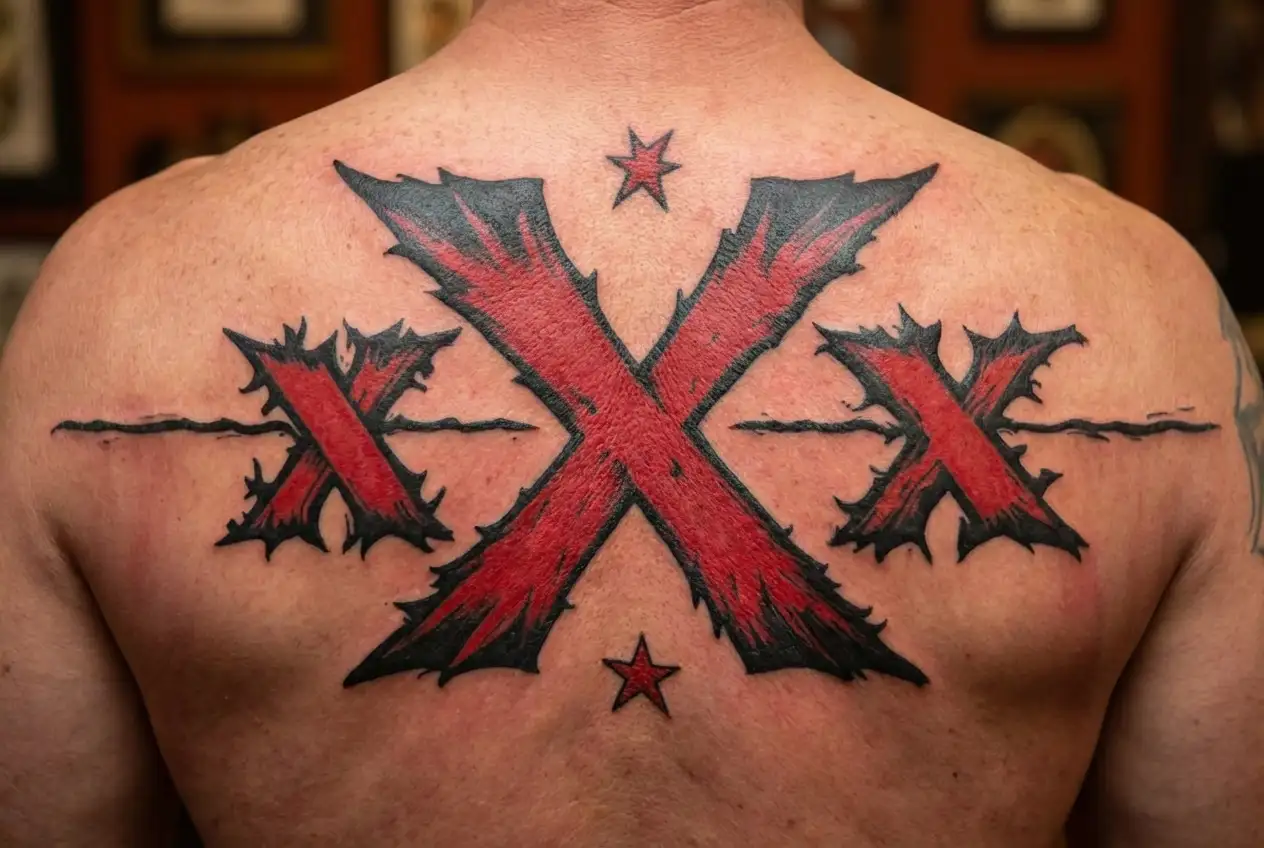 "xxx" "xxx" "xxx" text in a horizontal line with center X big, and other 2 xs small. Give it one x's ends a devil tail, demon  tattoo design idea