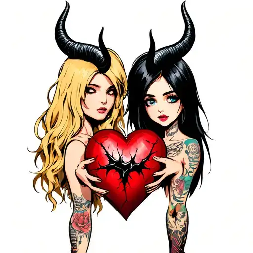 black thorny heart being held by a blonde with horns and a beautiful girl with black hair no horns with tattoos tattoo design idea