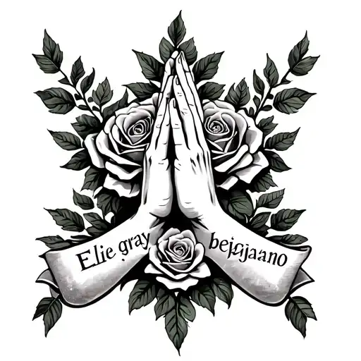 "Ellie gray Bejarano " "Ellie gray Bejarano " "Ellie gray Bejarano " rose praying hands banner tattoo design idea