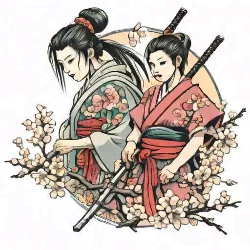 girl samurai and chery blossom tree tattoo design idea