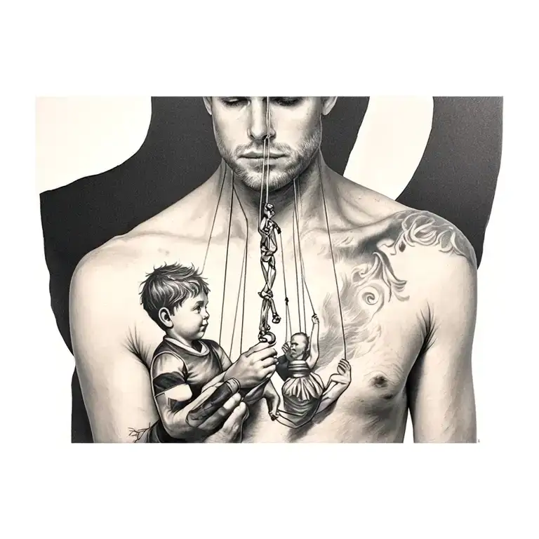 Hyper-realistic black and grey chest-to-neck tattoo of a calm man holding marionette strings, with a small boy on the le tattoo design idea