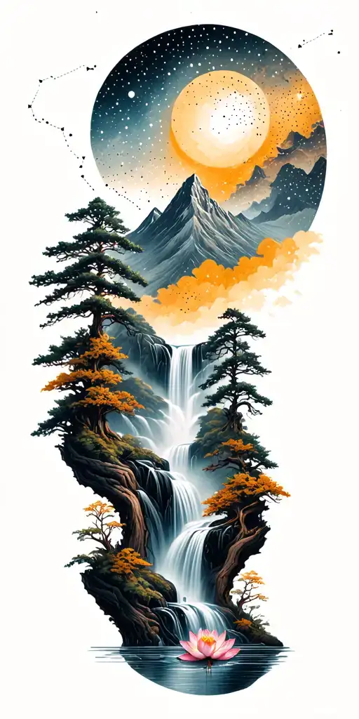 collage of space and constellation, Buddhist inspired mountain, trees, waterfall, lotus, davinci style gears of wood tattoo design idea