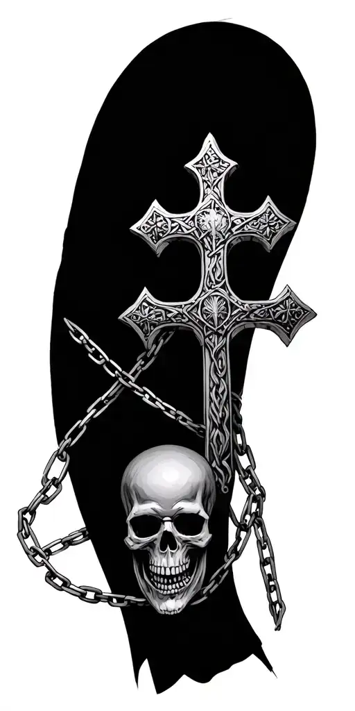 medieval cross with chains wrapped and nailed to arm with skulls tattoo design idea