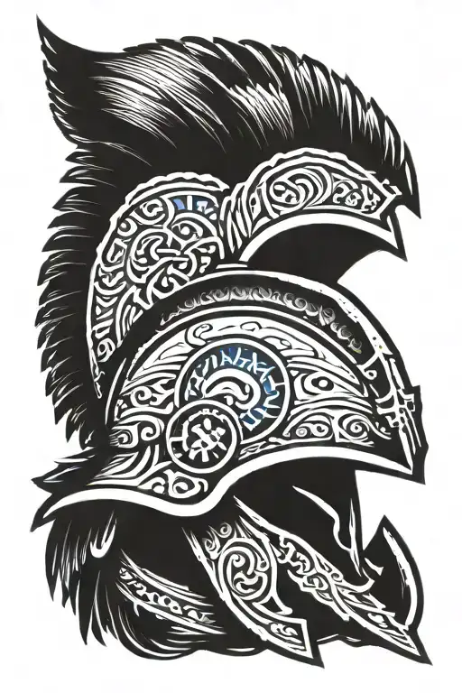 round front facing spartan helmet in blue and black adorned with a cross and written peacemaker Matthew 5:9 tattoo design idea