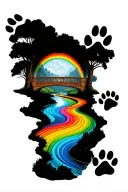 bridge with rainbow coloured river flowing with paw prints around the river  tattoo design idea