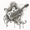 A tattoo machine and a guitar merging into a single abstract design, with smoke swirling around them like weed smoke tattoo design idea