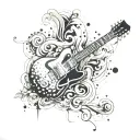 A tattoo machine and a guitar merging into a single abstract design, with smoke swirling around them like weed smoke tattoo design idea