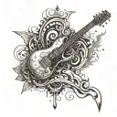 A tattoo machine and a guitar merging into a single abstract design, with smoke swirling around them like weed smoke tattoo design idea