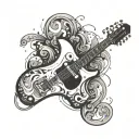 A tattoo machine and a guitar merging into a single abstract design, with smoke swirling around them like weed smoke tattoo design idea