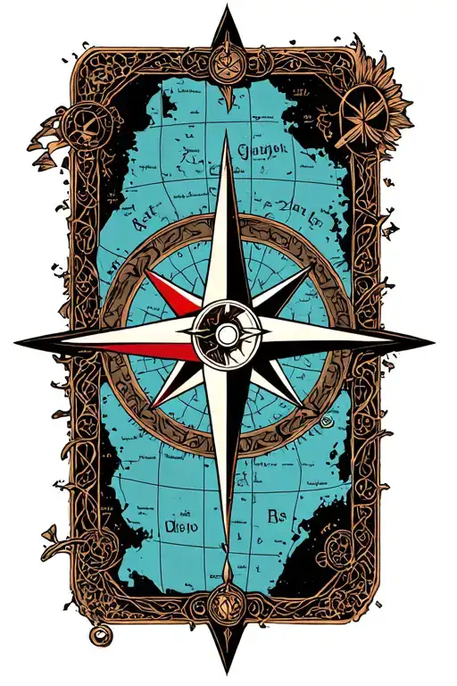 An 8 pointed compass design overlaid on a medieval style map tattoo design idea