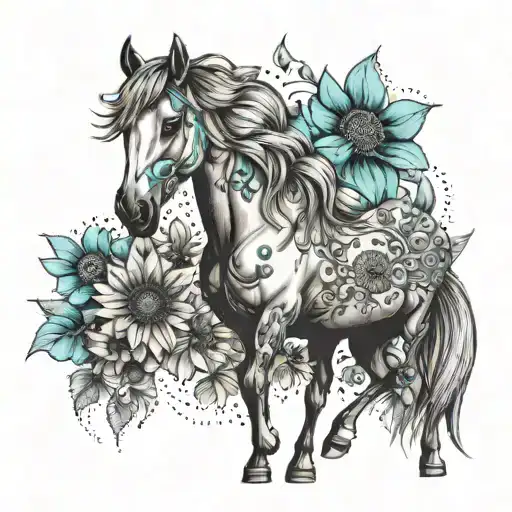 horse with sunflowers and turquoise stones tattoo design idea