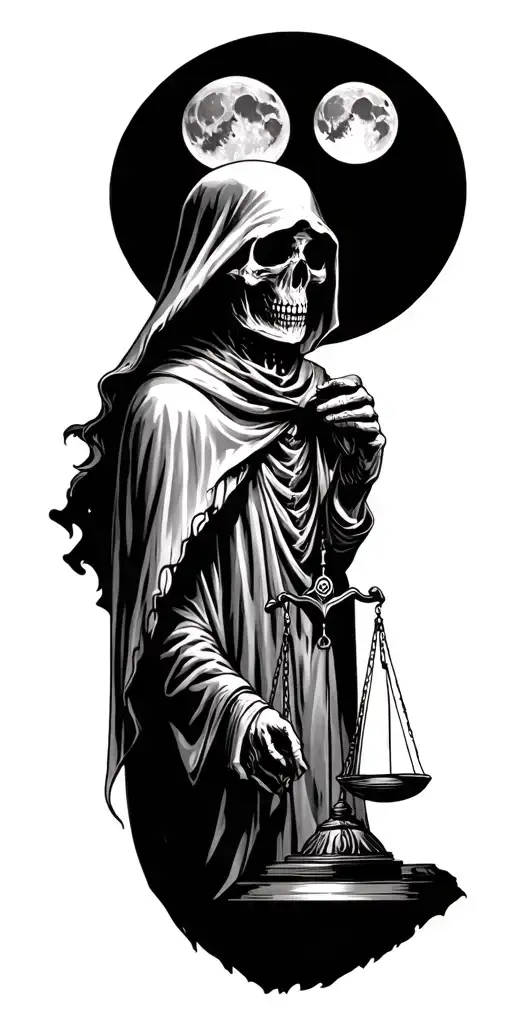 memento mori, grim reaper, medic, scales of justice, forest, moon tattoo design idea