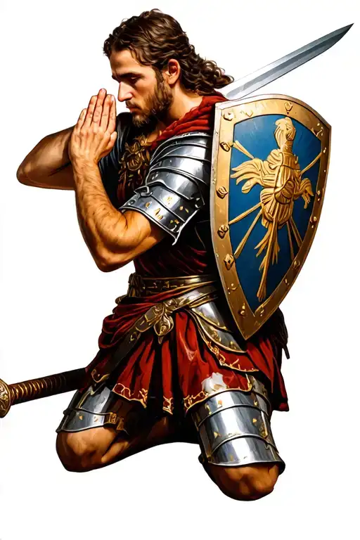Roman soldier kneeling with shield and sword  praying tattoo design idea