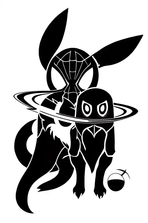 polenesuan design featuring planets, eevee pokemon, MJ from Spider-Man, Horus the Egyptian god and mew Pokémon  tattoo design idea