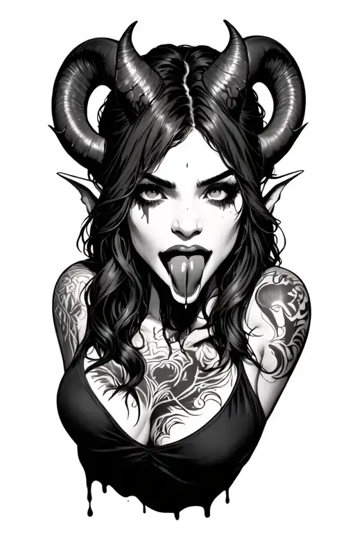 demon girl with curvy horns, tongue out dripping saliva, medium hair, no tattoo on torso, side viewn, little cleavelege tattoo design idea
