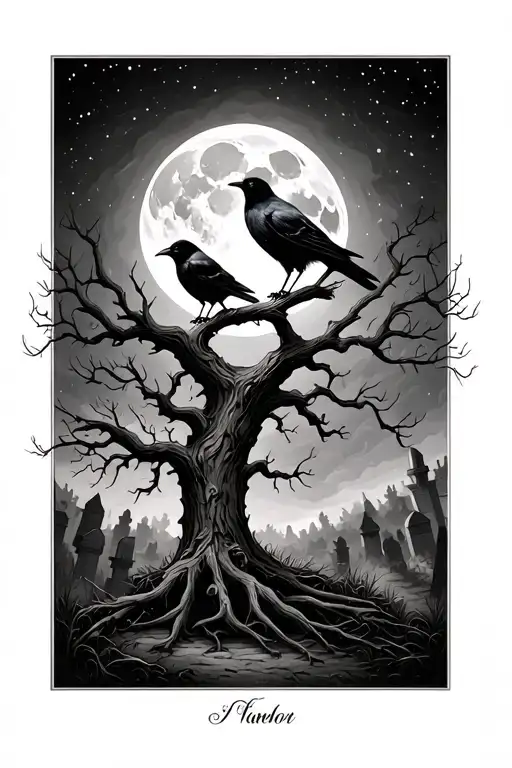 tree with crows and moon graveyard scene tattoo design idea