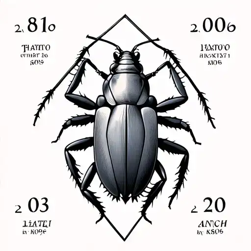 a cockroach in a geometrical pattern with three dates in roman numbers around it tattoo design idea
