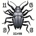 a cockroach in a geometrical pattern with three dates in roman numbers around it tattoo design idea