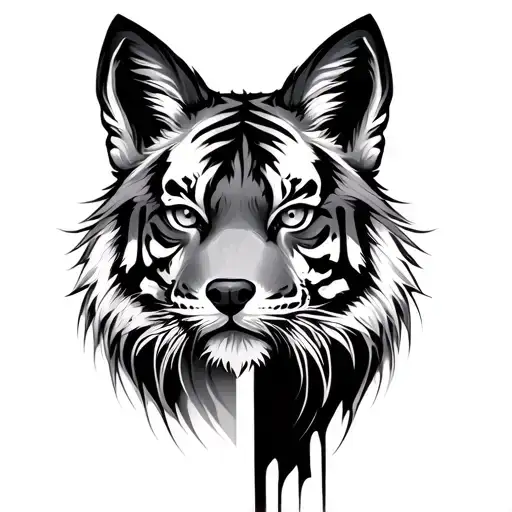 half fox head half tiger head facing forward slit down middle tattoo design idea