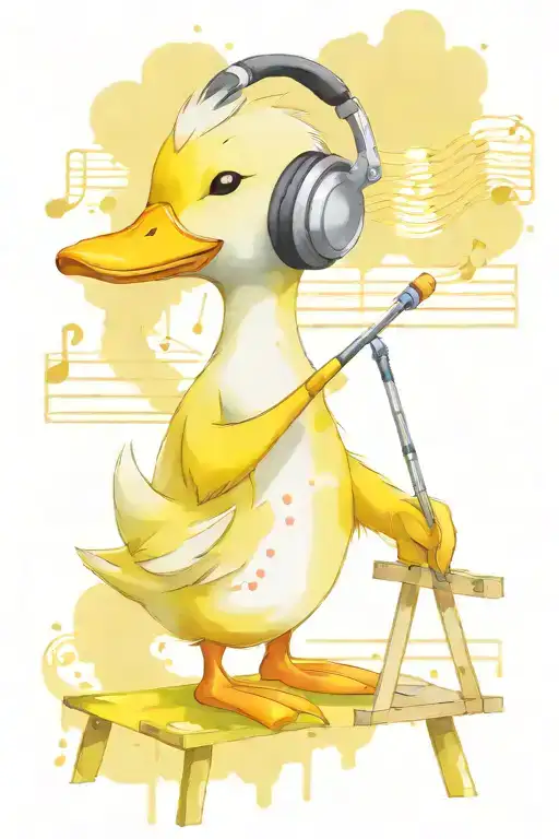 yellow, cartoon duck wearing headphones, painting on an easel. include water colour splotches with music notes tattoo design idea