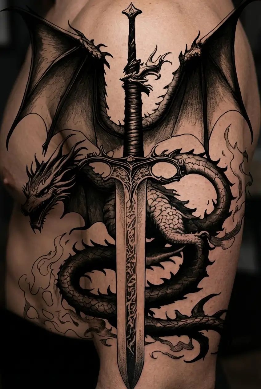 dragon wings spread behind a sword with tail wrapped around it with fire tattoo design idea
