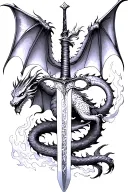 dragon wings spread behind a sword with tail wrapped around it with fire tattoo design idea