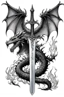 dragon wings spread behind a sword with tail wrapped around it with fire tattoo design idea