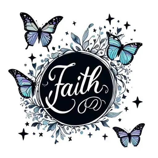 Faith written in cursive with Butterflies and stars around tattoo design idea