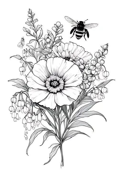 french marigold with bumble bee, lily of the valley, poppy flower, and lion tattoo design idea