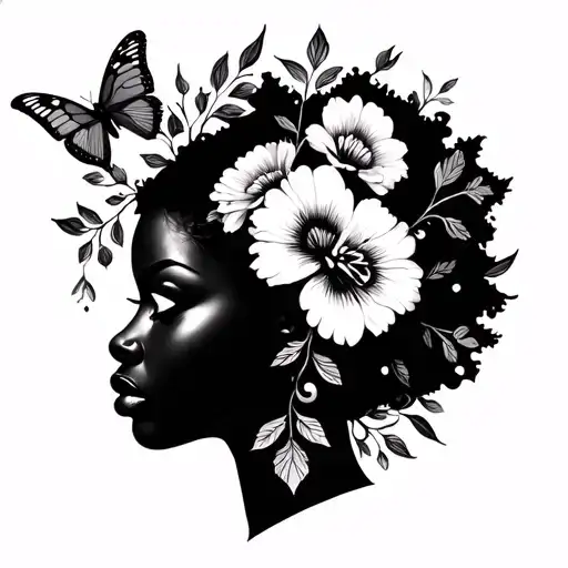 Afrocentric medice with butterflies and flowers tattoo design idea
