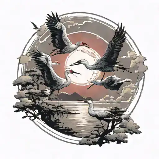 Have three cranes circling around a bright red sun, circling around the sun as if they are worshipping the sun. The bird tattoo design idea