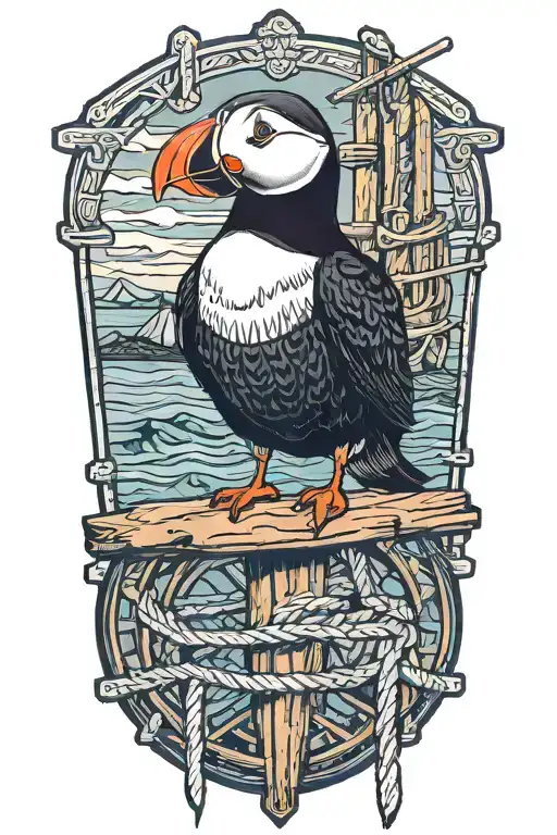 male puffin perched at the end of wood dock pilings with rope wrapped. An old scandinavian viking ship at sea background tattoo design idea