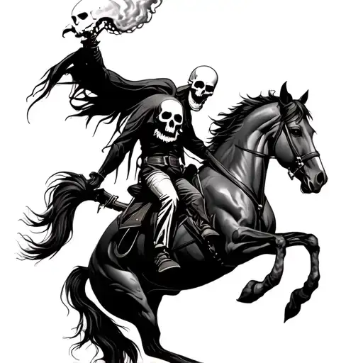 skull ghost rider jumping a horse with bones showing tattoo design idea