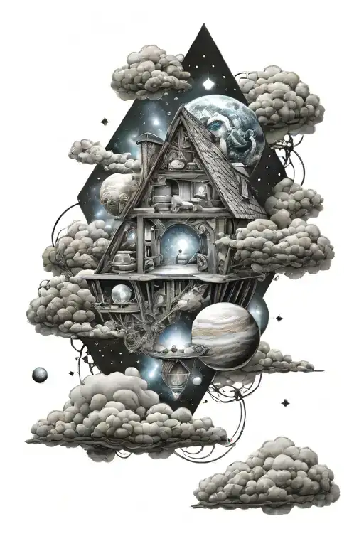 clouds house in space surrounded by planets tattoo design idea