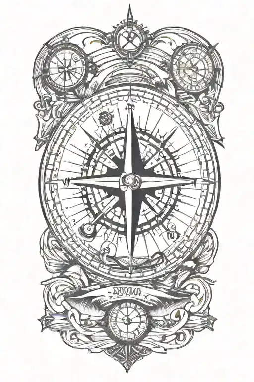 compass with a trident below, a submarine, an anchor with coordinates tattoo design idea