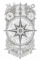 compass with a trident below, a submarine, an anchor with coordinates tattoo design idea