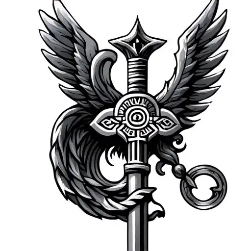 Staff of Hermes Greek Mythology with Greek Key and Greek Mati tattoo design idea