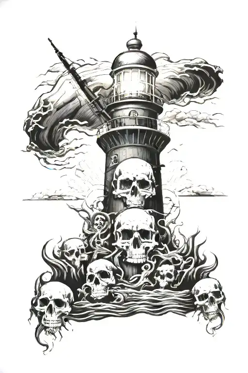 A grim old lighthouse, with skulls, dark sea, eerie tattoo design idea