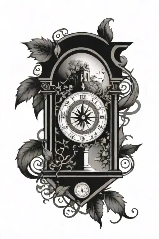 Arch monument with wrapping wild vines, and a compass inside the arch. tattoo design idea