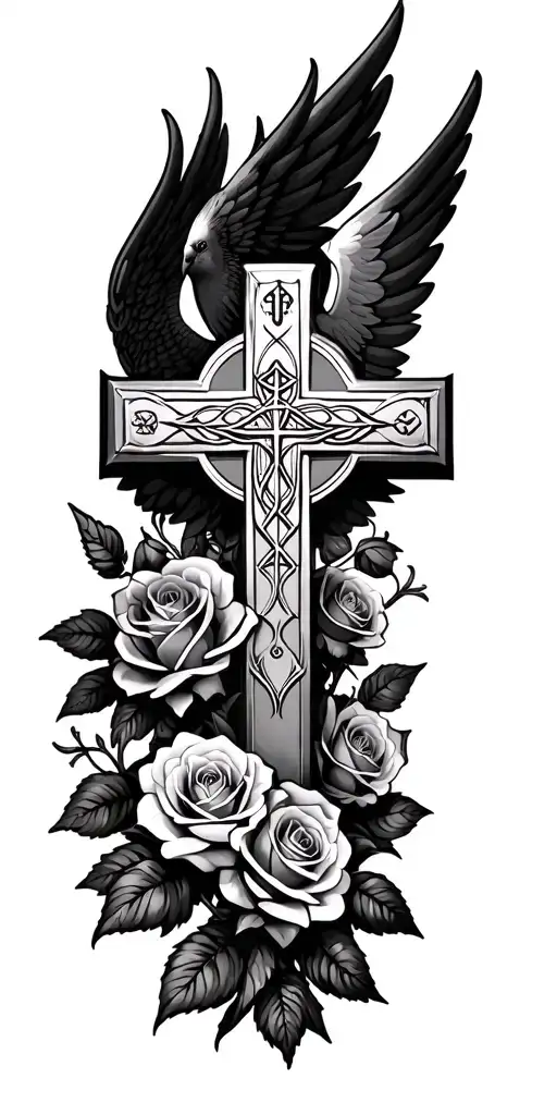 cross with wings and trinity symbol on it surrounded by roses with budgie tattoo design idea