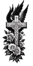 cross with wings and trinity symbol on it surrounded by roses with budgie tattoo design idea