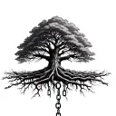 Tree of life with chain wrapped around its roots. one link on the chain is visibly broken tattoo design idea