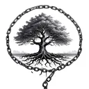 Tree of life with chain wrapped around its roots. one link on the chain is visibly broken tattoo design idea