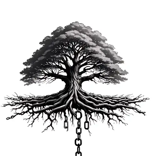 Tree of life with chain wrapped around its roots. one link on the chain is visibly broken tattoo design idea