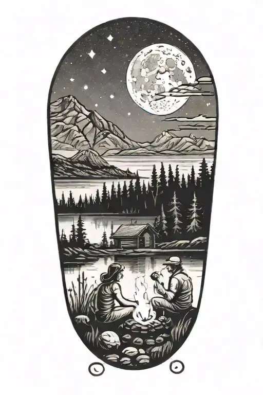 Man, woman, child, sitting at campfire overlooking lake. Trees, mountains, moon in background. Little hut on the shore tattoo design idea