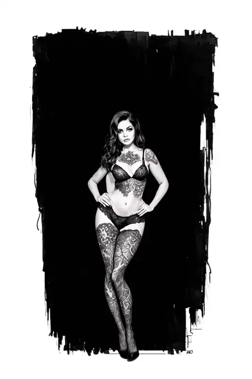 sexy lady standing up with stocking top lace pattern tattoo design idea