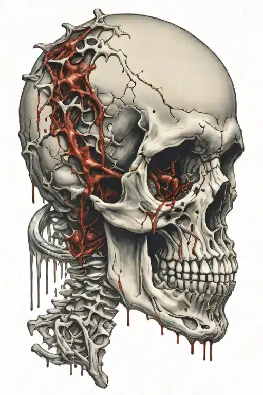 Human Skull and spine, dripping with blood, veins out of bottom of skull, no jaw. tattoo design idea