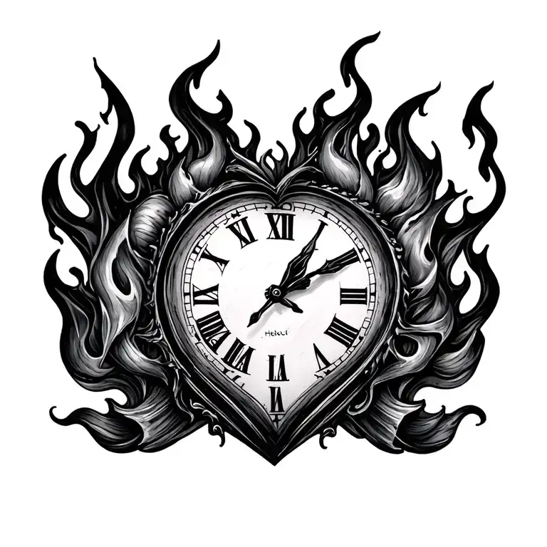 "Mélanie" clock heart in flame tattoo design idea